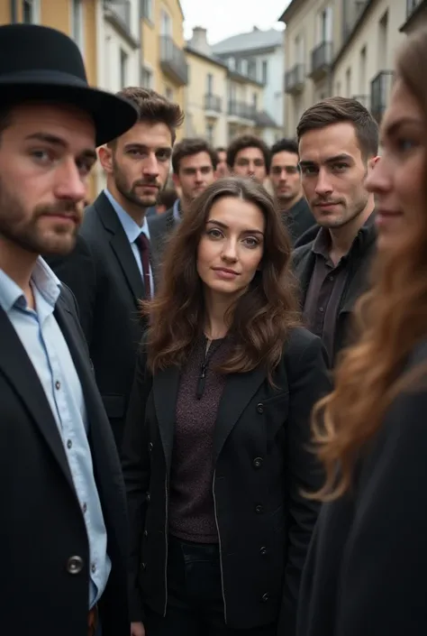 Realistic photo: A group of 20-year-old Jewish men with Jewish women in a Jewish residential area focusing on their faces