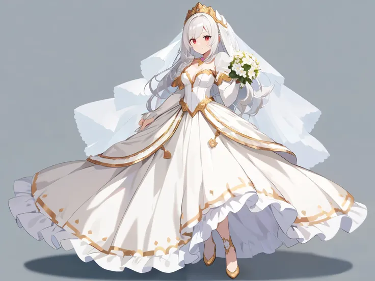 Full body of a Lady with white hair and red eyes wearing a bride costume with a flower in her hand