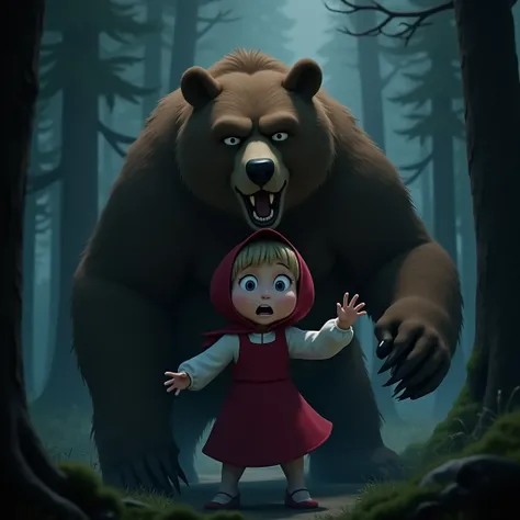 Realistic live-action scene where the Bear from ‘Masha and the Bear’ is trying to eat Masha in a tense moment. The Bear is large, with detailed realistic fur, showing a threatening expression. Masha is looking scared but determined, in her red dress, tryin...