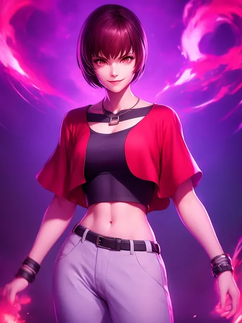  woman, alone, alone, athletic body, dressed in a red shirt and gray pants, smile but devilish look, in the background there is blue fire around the character, king of fighters style, looks seriously at the viewer, cinematic, Focus ultra sharp, award-winni...