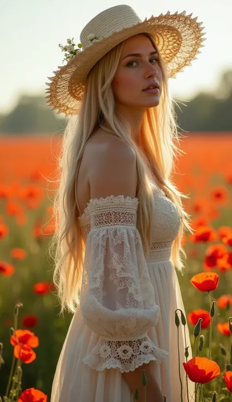 Femme hollandaise sexy , belle, détendue , 60 ans,  debout dans un champ de COquelicots, avec une ombrelle en dentelle, robe en dentelle 1850, chapeau, saison dété , cheveux  raides  blond vénitien très très longs, vent, fleurs dans les cheveux , amoureuse...