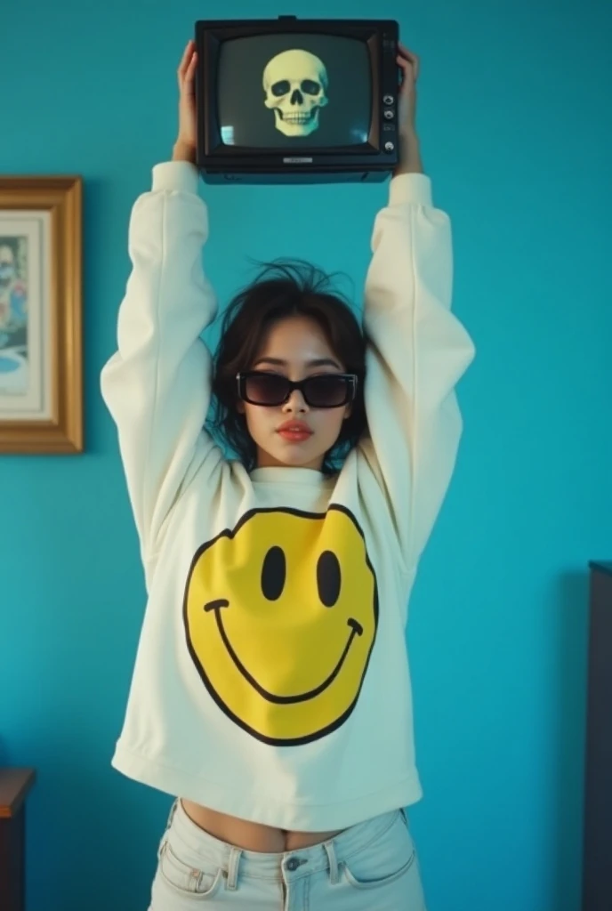 The image is a still from a music video. It shows a young  sexy woman wearing a white sweatshirt with a yellow smiley face on it. She is standing in front of a blue wall with a picture frame and a TV on it, with a skull on top of the TV. The woman is weari...