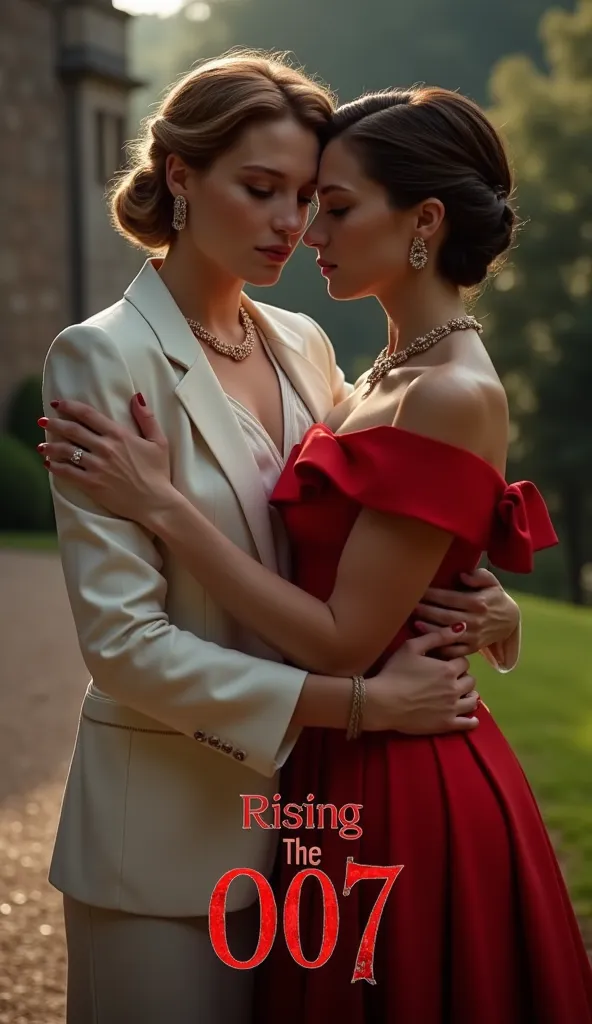 


Next 007 movie, Gothic letter "Rising the 007" written in large Red decoration letters at the bottom of the screen, Front view, 2 female hug , 1 mother and  daughter , bond girl is  Lea Seydoux,  French woman,  shot cut, golden hair, natural make, gold ...