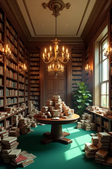 A library with floor-to-ceiling bookcases and the charmingly haphazard piles crowding the oval table in the middle of the store. The bold emerald carpet contrasted with the understated cream walls, and several wrought-iron chandeliers cast a warm glow over...