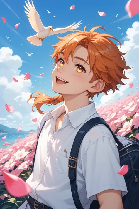  A young boy with glowing golden eyes that reflect his joy and orange hair that seems to capture the brightness of the summer sun.  He has a sweet and gentle smile ,  showing pure happiness .  The setting is a schoolyard in the middle of summer ,  with bir...