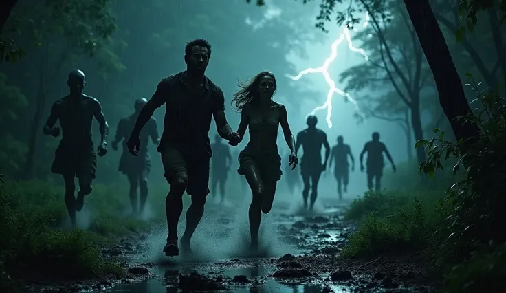 
"A dark, intense nighttime scene set in a dense, eerie African forest. A man and woman are captured mid-run, holding hands as they flee through the rain-soaked, muddy forest floor. The man’s face is determined as he leads, while the woman follows closely,...