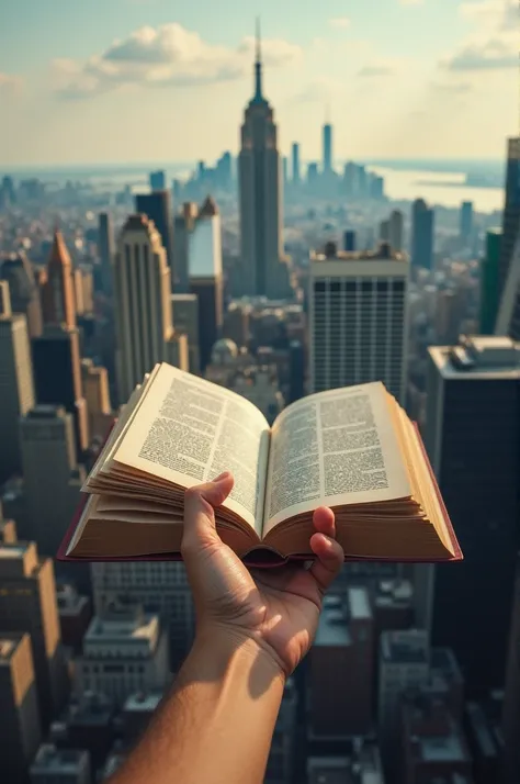 A hand holding an open book pointed at a landscape of a city in New York