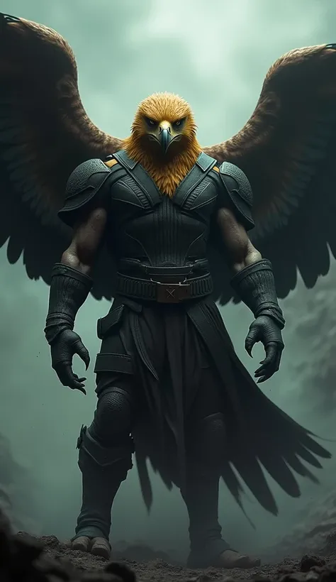  The image shows a fusion between Marvels Hawkeye and a golden eagle in a realistic and dark style.  The character has elements characteristic of the Marvel archer , like his firm and determined posture ,  combined with the predatory characteristics of a g...