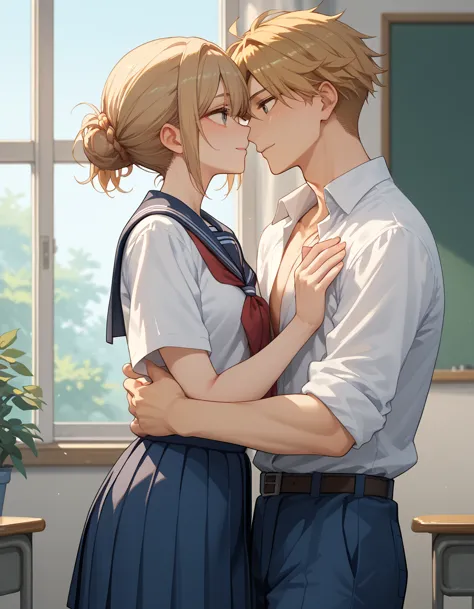 japanese,  a couple talking in a school corridor, woman short hair, blonde hair,  with school uniform, man haired haired , orang...