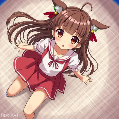  1 girl, Long Hair,  turn your gaze ,  turn your gaze , bangs, Brown Hair, Red eyes,  animal ears ,  ribbon hair accessory,  Katyusha,  open your mouth slightly ,  earrings for a woman alone, tongue,  glitter effect ,  Legs out of frame , look up, far and ...