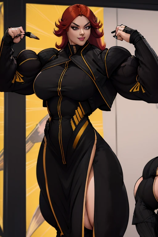 ((Close-up)), tall, (red hair), beautiful muscular asian woman, long hair, white skinned, closed smile, large breast, (black lipstick), (massive muscles), (hyper muscle), (((ginormous bulky muscles))), yellow eyes, ((((Wearing long sleeve black jacket, pen...