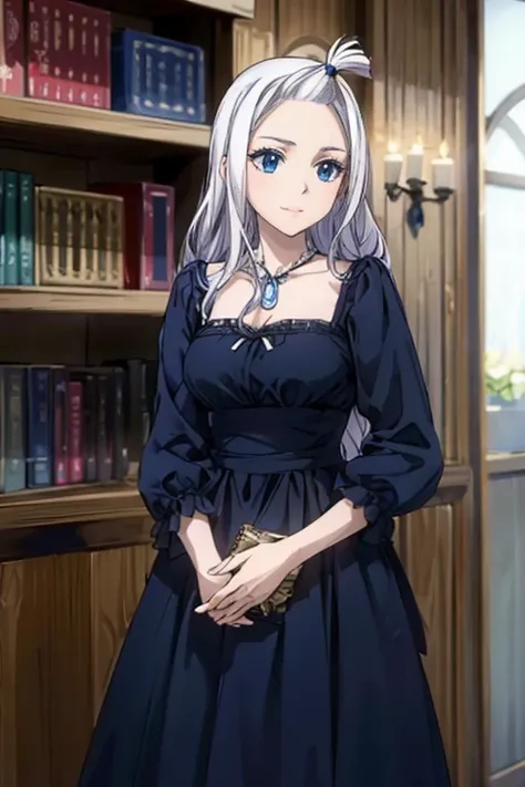 (Best Quality, 4k, 8k, Hi-Res, Masterpiece: 1.2), Ultra-Detailed, Realistic, Photorealistic: 1.37, Mirajane Strauss, beautiful woman with long straight wavy white hair and blue eyes, with a beautiful smile, wearing a beautiful long-sleeved black dress 