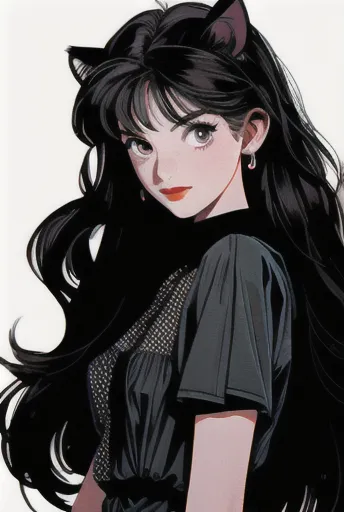 beautiful woman, long wavy black hair, brown eyes, cat ears and tail, fangs, demon horns, incubus clothe