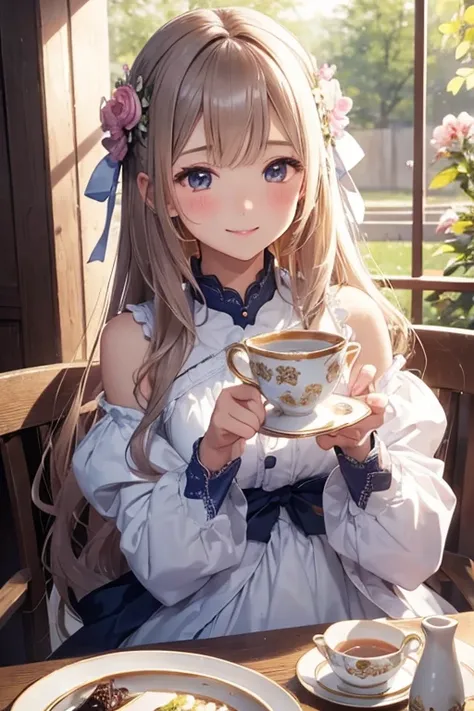 Best Quality、 Hi-Res、 detailed background 、( detail eyes :1.2)、Teenage Beauty、( very detailed face :1.4)、
Petals fluttering down、 lets smile 、 enjoy tea like a princess  、
 enjoy tea like a princess 、I&#39; Im fascinated by her cute behavior 、
 eating snac...