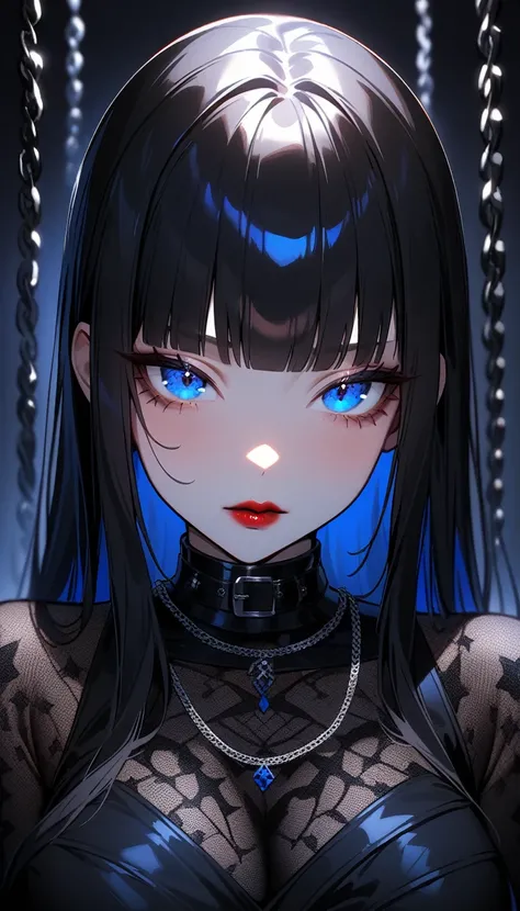 1girl,solo,gleaming skin,shiny skin,natural face,o3o,,,eyelashes ,lips gloss,red lips,glowing blue eyes,black hair,long straight hair,blunt bangs,large breasts,gothic punk,fine fabric emphasis,silver chain ,leather belts,(wrapped many chains :1.2),gothic f...