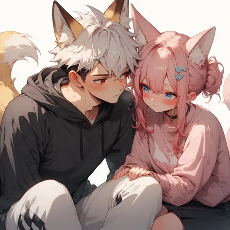 2characters, ((First female, Long pink hair, Fox ears, Blue eyes, Slight blush, Wearing a pink shirt and black skirt)) | ((Second Male Short white hair, Fox ears, Red eyes, Wearing a Black hoodie and white sweatpants))