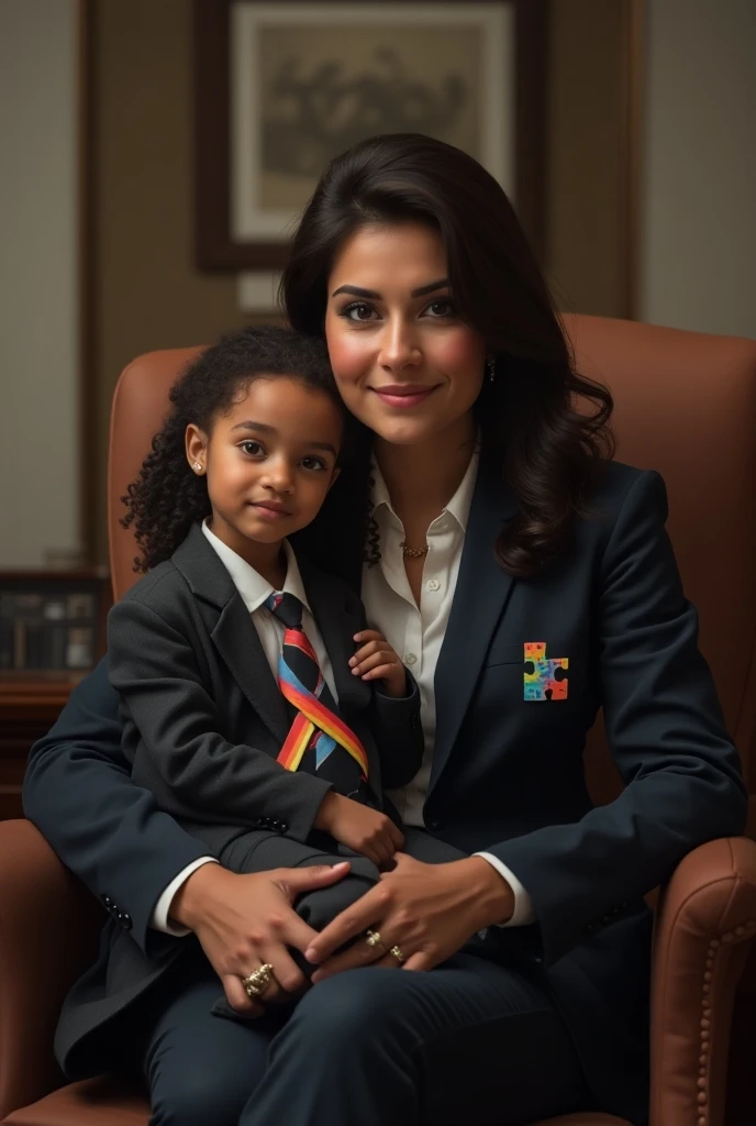 


A lawyer who is the mother of a 04 year old autistic woman the lawyer must wear a suit with the symbol of autism and the one she holds in her lap has a ribbon with the colors of autism and is 04 years old
