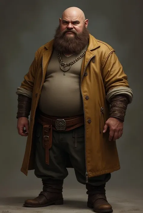 Um personagem de  full body  de RPG com as seguintes características: ( full body :1.5), (man:1.5), dwarf, Smith, moustache, no beard, moreno, castanho jacket, brown beard, Serious,  thick eyebrows , medieval clothes, roupas de Smith, sleeveless dirty t-sh...