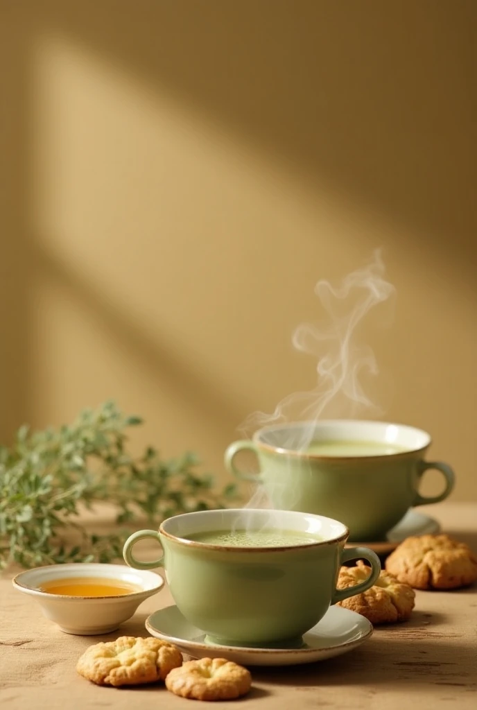  Two cups with green tea, honey and cookies 