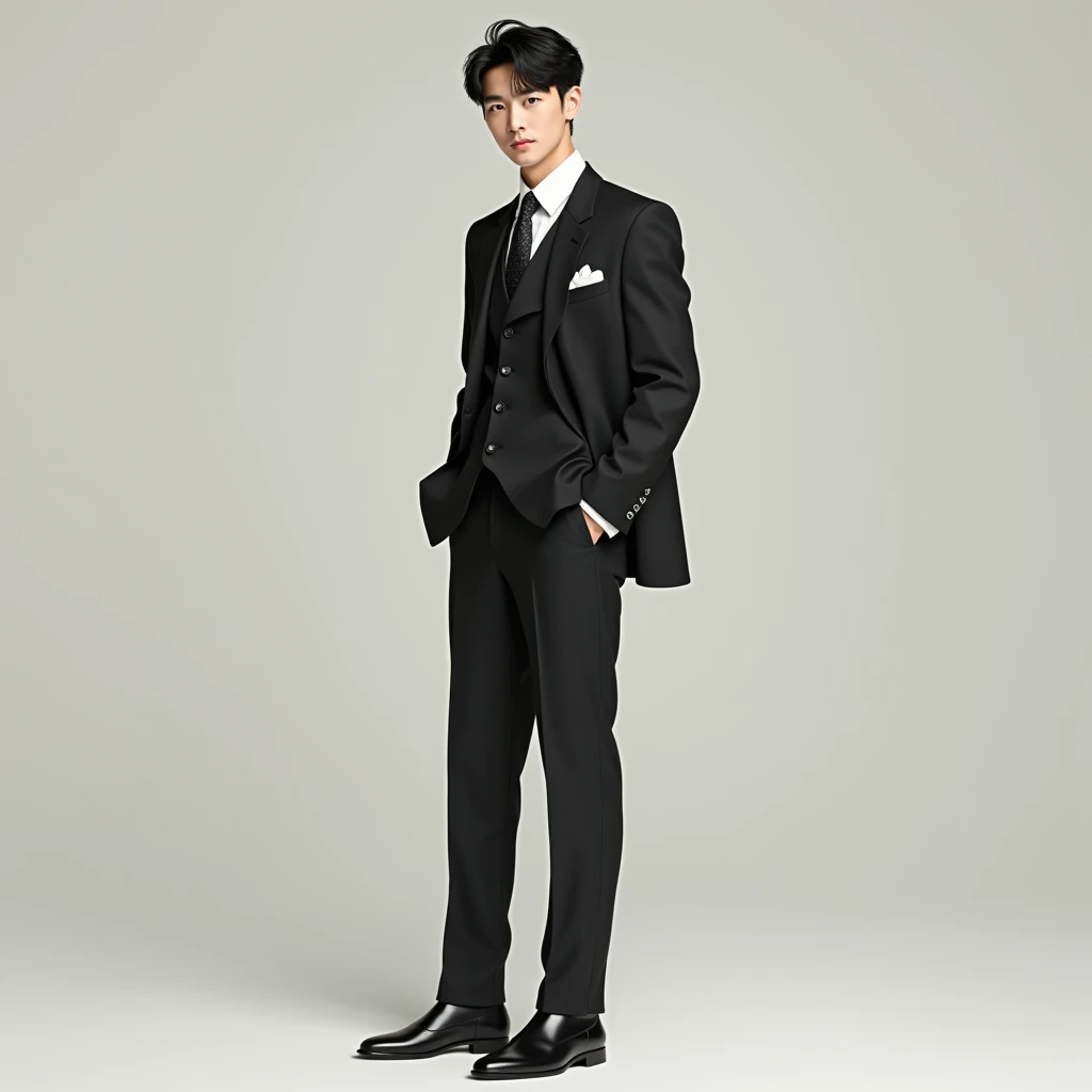 show full body portrayal of  asian male Korea ,thin  , tallish , detail face handsome boy K-Pop star, show detail two leg, wear  Three-piece suit, hair fashion, middle-ages