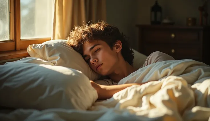 Beautiful 16-year-old brown-haired young man waking up alone in bed sunlight comes through the window movie cover