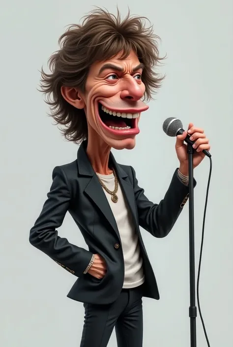 A realistic caricature of singer Mick Jagger standing with microphone,  and light gray background