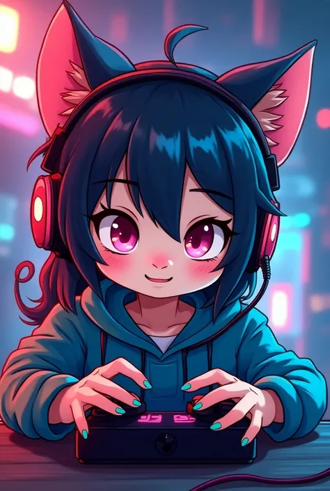 cat girl with headset  gamer cartoom