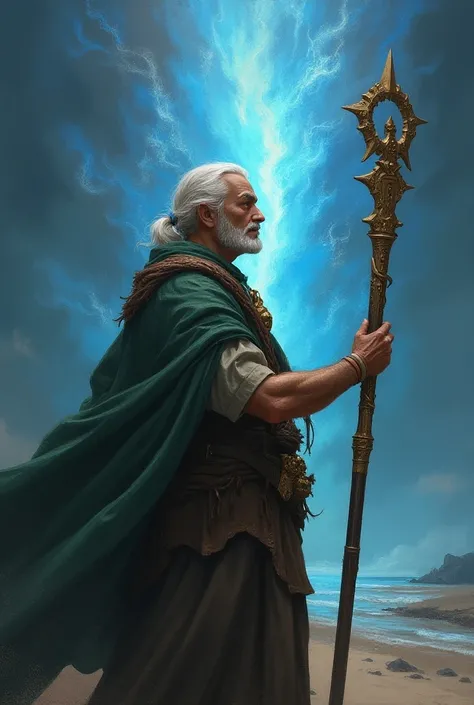 The young character from the story , now older,  looks at the horizon while holding a sacred staff. Behind him, a ,  symbolizing the future .