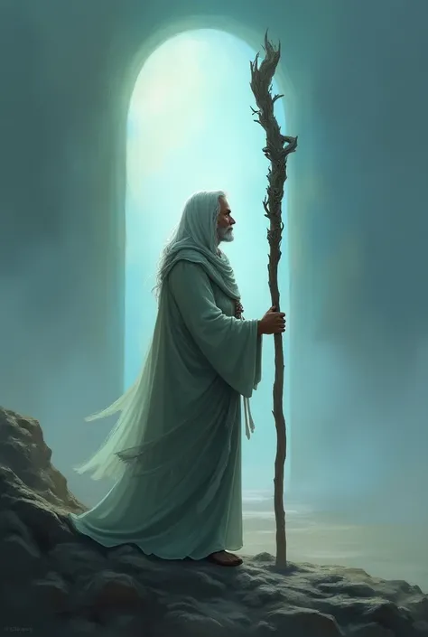 The young character from the story , now older,  looks at the horizon while holding a sacred staff. Behind him, a ,  symbolizing the future .