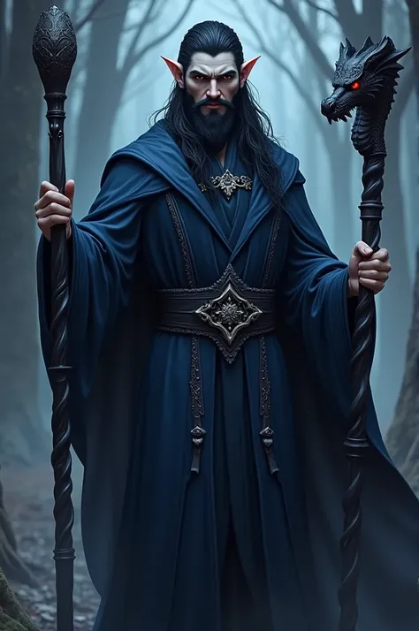 An adult D&D half-elf sorcerer of pale blue skin with black hair and trimmed black beard in navy blue robe with some silver accents, holding a black staff with a carved dragon head with red eyes.