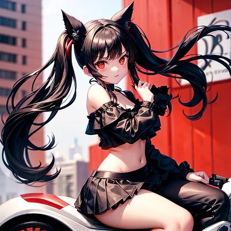    black hair　cat ears　　 black ruffle off shoulder red eye　   twin tails　belly button　Im riding a motorcycle