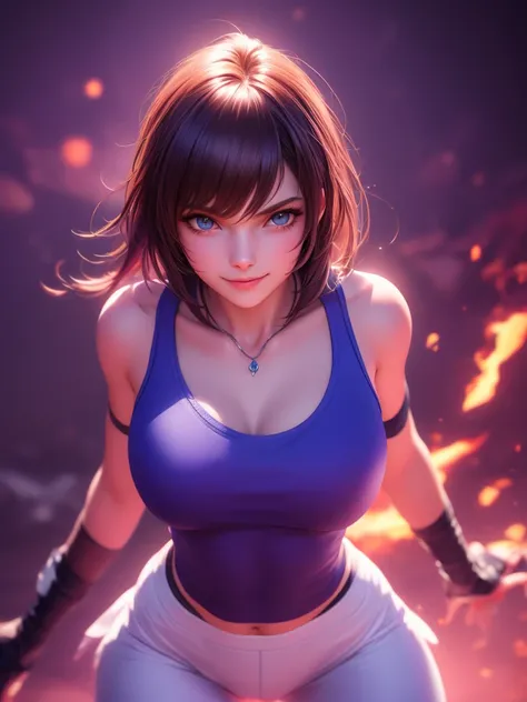 15-year-old woman, alone, athletic body, dressed in a blue shirt and white pants, smile but devilish look, in the background there is blue fire around the character, king of wrestlers style, looks seriously at the viewer, cinematic, ultra-sharp photographi...