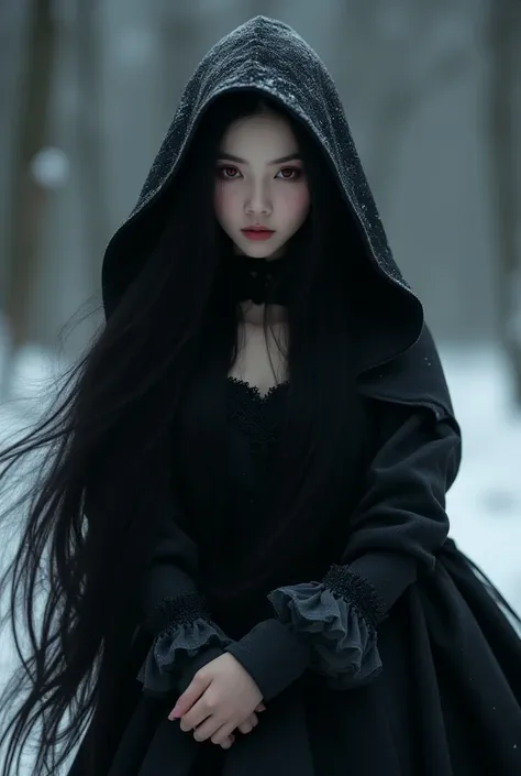 female with long black hair with red eyes wearing winter short  Victorian dress with hood