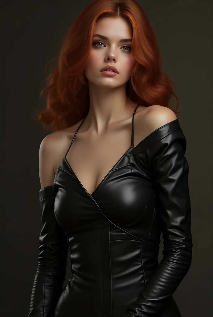 Beautiful girl with curvy body, copper hair,  full lips , pale skin,  heavenly eyes , thin nose, with leather clothing  