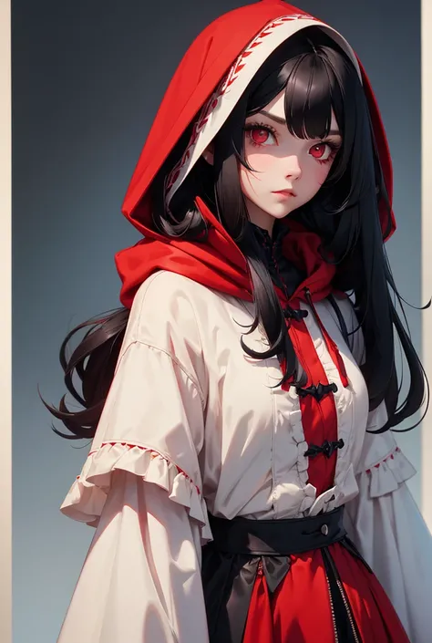 female with long black hair with red eyes wearing winter short  Victorian dress with hood