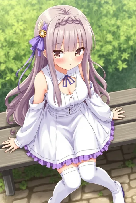 masterpiece, 1girl, Emilia, blunt bangs, long hair, crown braid,
white dress, detached collar, wide sleeves, x hair ornament, hair flower, hair ribbon, white thigh boots, cleavage, purple frills, pleated_white_skirt
sitting on bench, garden, arms at sides,...