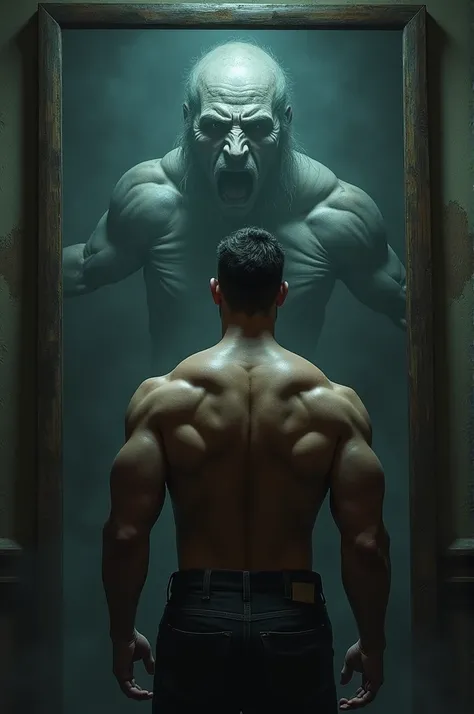 A ruggedly muscular man with a fierce, intense expression stares deeply into a large, wide mirror. In the mirror’s reflection, he doesn’t see himself but instead sees haunting images of his past victims. These ghostly figures appear eerie and terrifying, e...