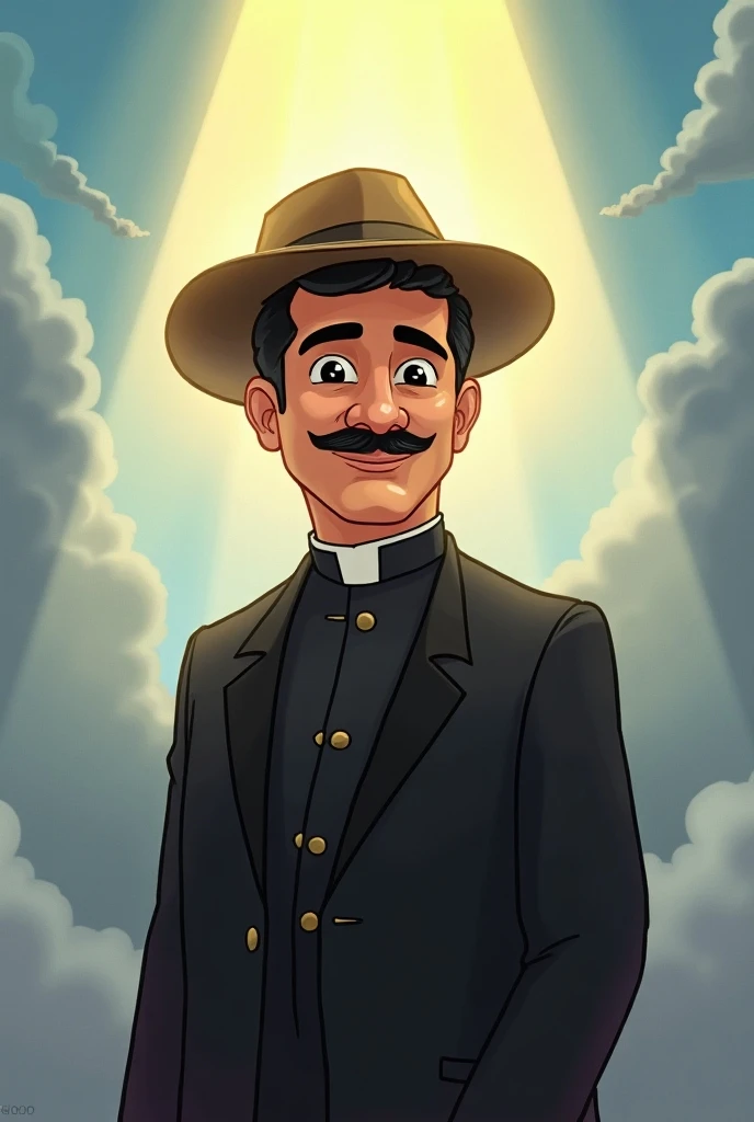  I need a cartoon of a man like Blessed José Gregorio Hernández,  is illuminated from the sky , black hair and black mustache, A doctor with a black flu and a hat , 