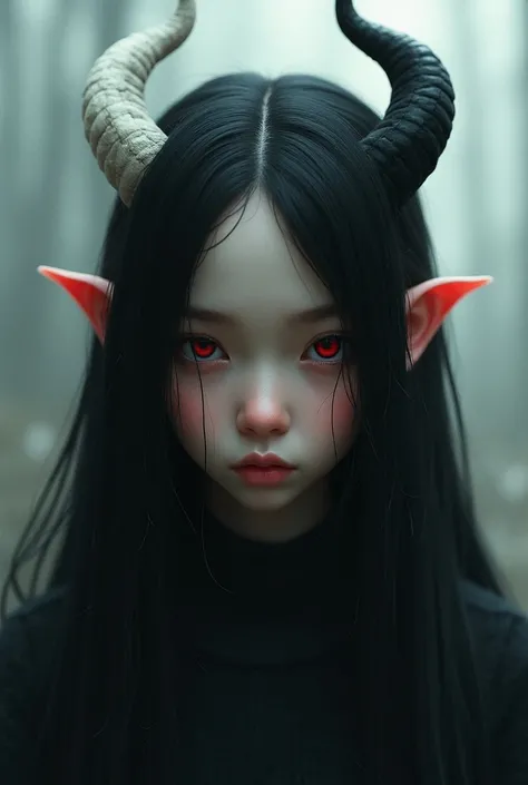 Girl with black hair, red eyes, one horn white and the other black 
