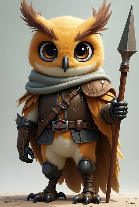 Warrior Owl :  Inspired by the bird-like character you are integrating .  It is an owl with light armor ,  big and expressive eyes ,  and small wings that act more like a shield than as functional wings.  You could use a small spear or a futuristic bow .