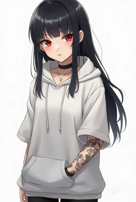 ((best qualityer,4K,high resolution,work of art:1.2)),((concept character art)), 1 girl, 20 year old japanase girl, long black hair, Sharp face, Red eyes, Arm tattoo, Cocky and arrogant smile, wearing a casual attire, (White uncapped hoodie , silver acesso...