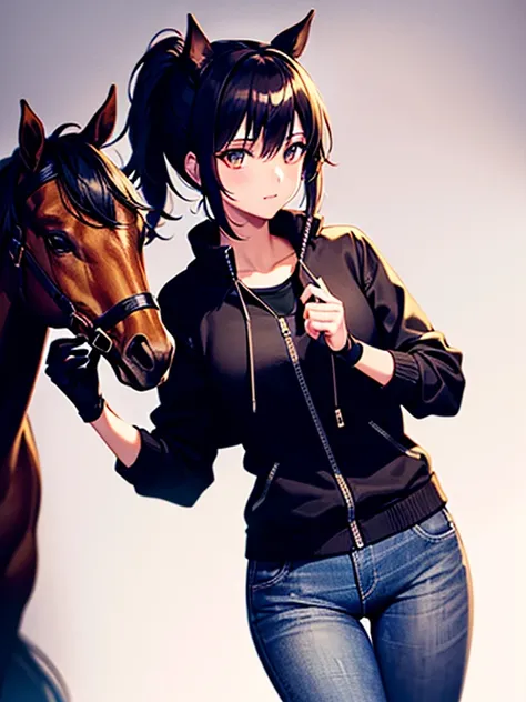 1 girl, black cyberpunk jacket, jeans and cowboy boots ,  horse ponytail style black hair,  black gloves ,(( high quality )),(( soft lighting ))