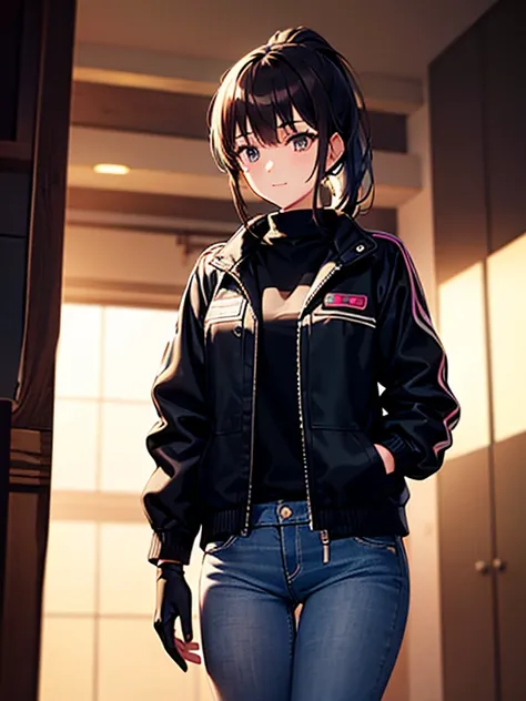 1 girl, black cyberpunk jacket, jeans and cowboy boots ,  horse ponytail style black hair,  black gloves ,(( high quality )),(( soft lighting ))