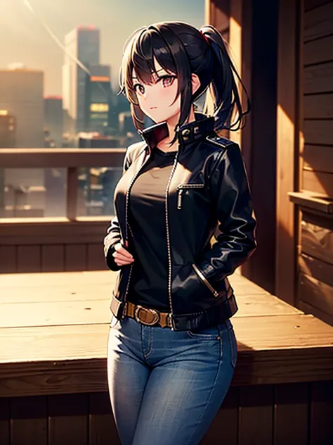 1 girl, black cyberpunk jacket, jeans and cowboy boots ,  horse ponytail style black hair,  black gloves ,(( high quality )),(( soft lighting ))