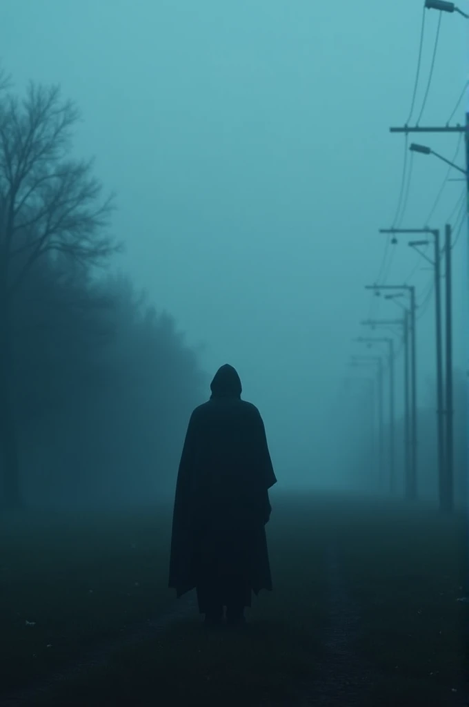 " Generate an image in the style of dark environment and dreamscape .  The scene must be shrouded in a thick, dark haze ,  with a palette of colors in shades of blue and dark to create a mysterious and melancholic atmosphere.  It includes a solitary figure...