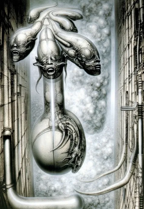 H. R. Gigers g1g3r, , Giger_style, The image is a detailed view of H.R. Gigers " Li ii " plate, featuring ( Circus on exile left abandoned clowns behind. Tableau is a surrealistic representation of a mechanical city with intricate designs and patterns. It ...