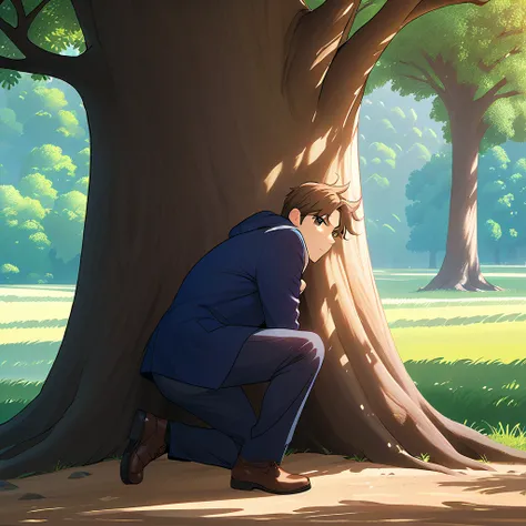 man, hiding, hide behind tree, crouch