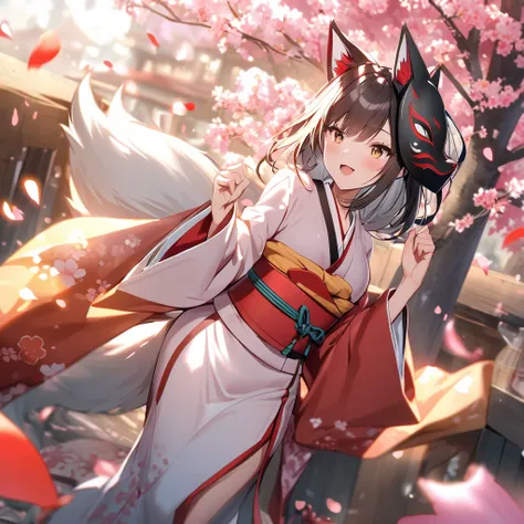 Woman with a kimono and a kitsune mask with sakura petals