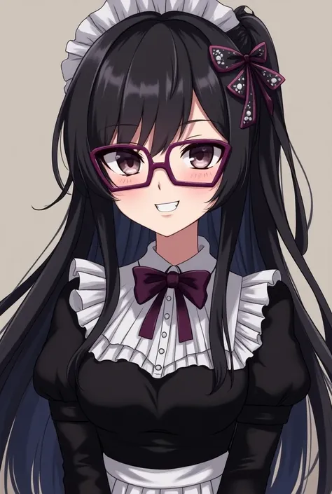  Draw an anime girl with long black hair,  wearing rectangular purple frame glasses ,  dressed as a Victorian Gothic maid ,  with expressive eyes and a mean smile . Style: classic anime. Bottom: Victorian cuisine 