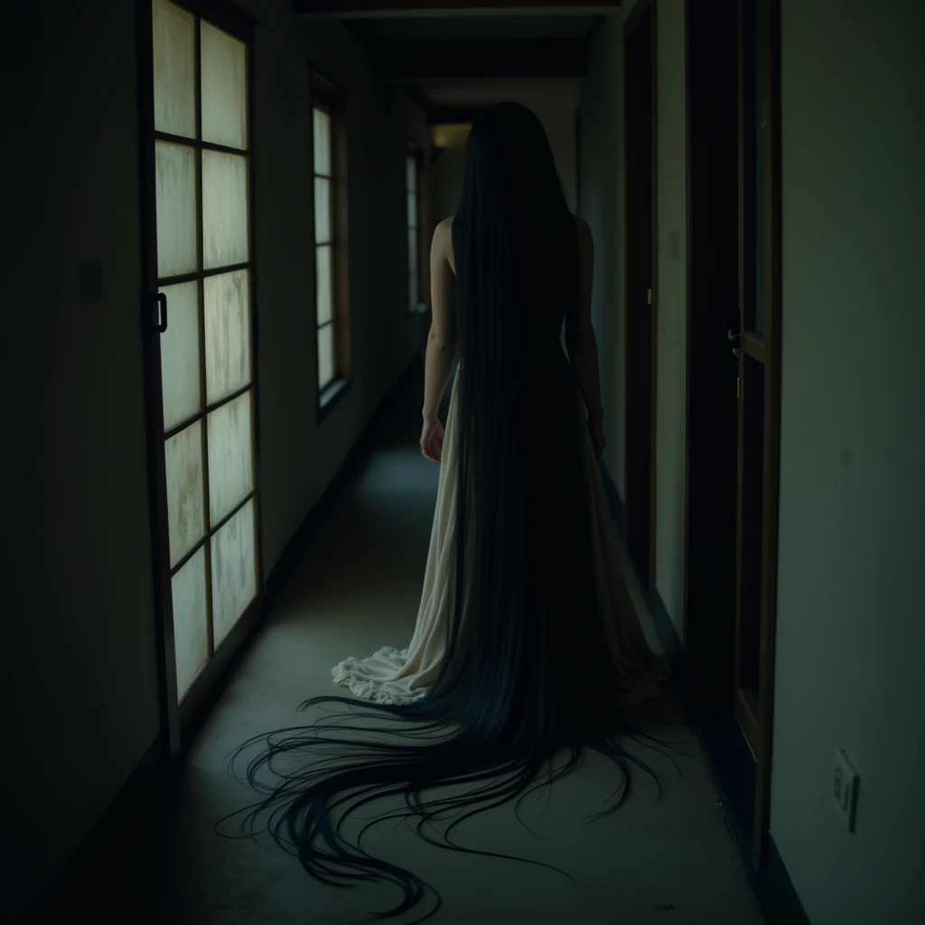  The Vengeful Spirit in a Japanese Haunted House ":  A woman with long black hair that drags across the floor , with eyes that cry blood ,  is in a dark corridor with paper doors .  The house is surrounded by a careless garden and in total silence.